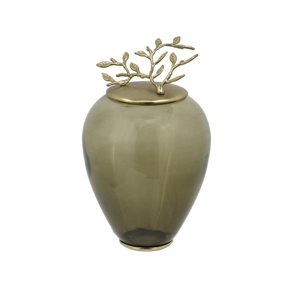 14" Dark Green and Gold Glass Branch Jar
