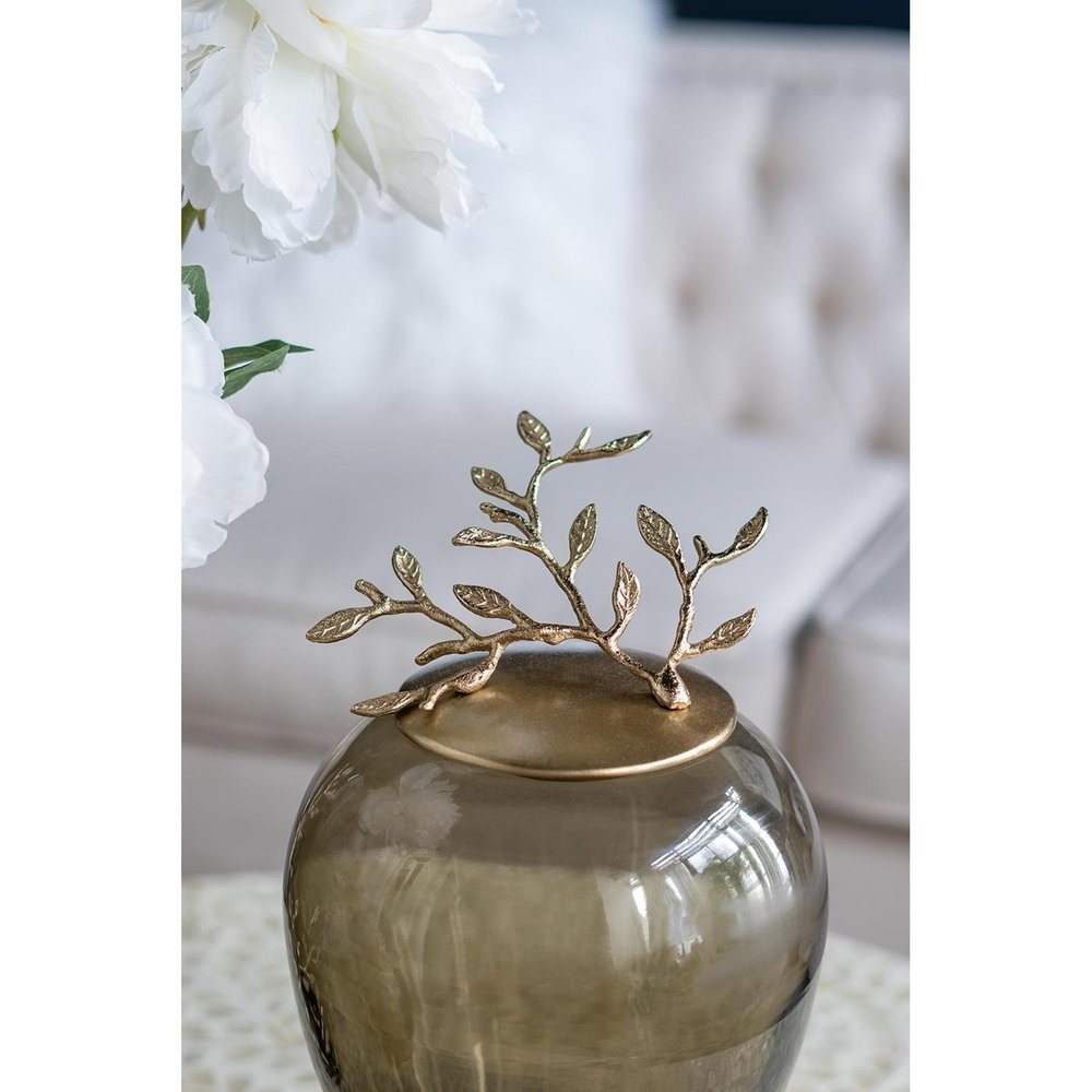 14" Dark Green and Gold Glass Branch Jar