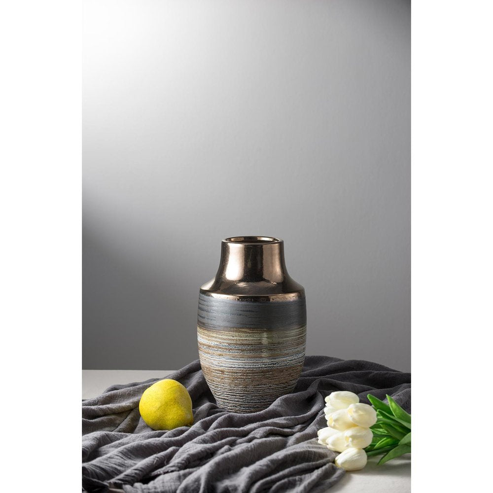 11" Brown and Bronze Striped Round Table Vase