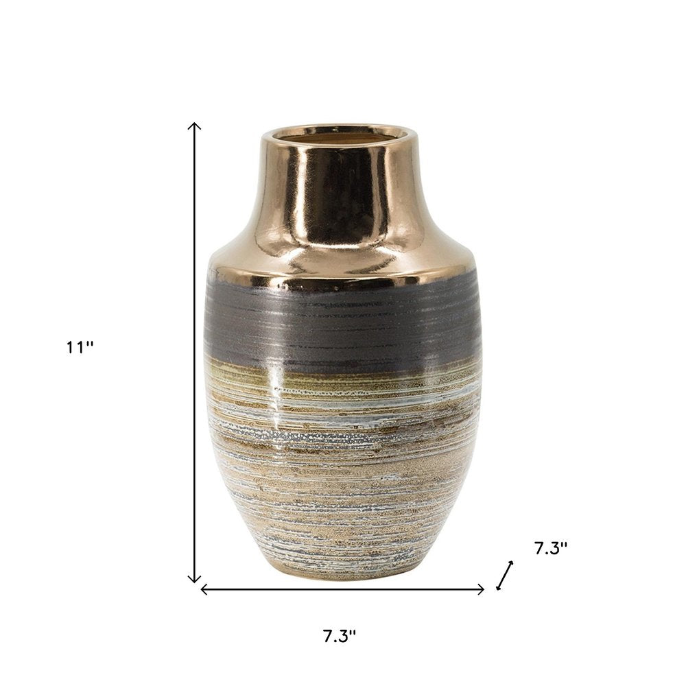 11" Brown and Bronze Striped Round Table Vase