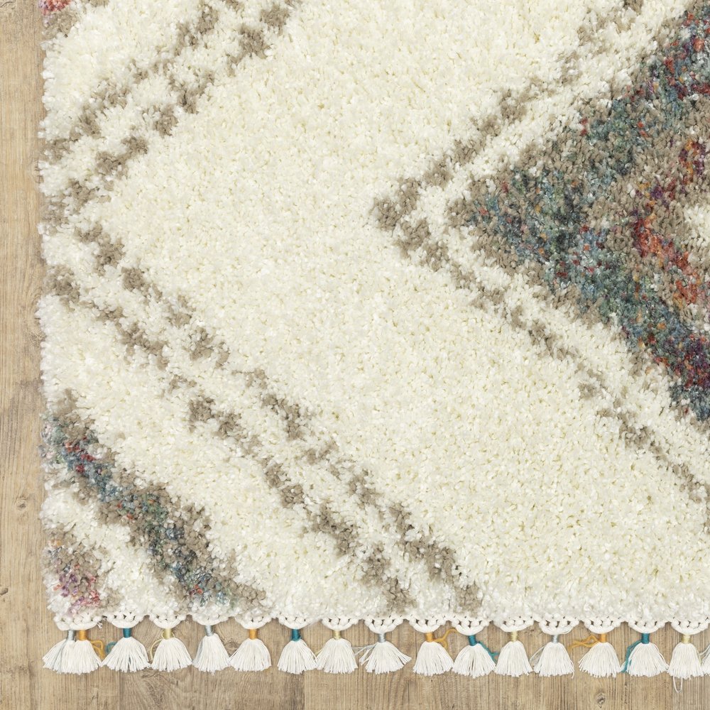 Ivory, Red, and Orange Southwestern Rug with Fringe