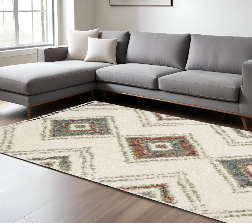 Ivory, Red, and Orange Southwestern Rug with Fringe