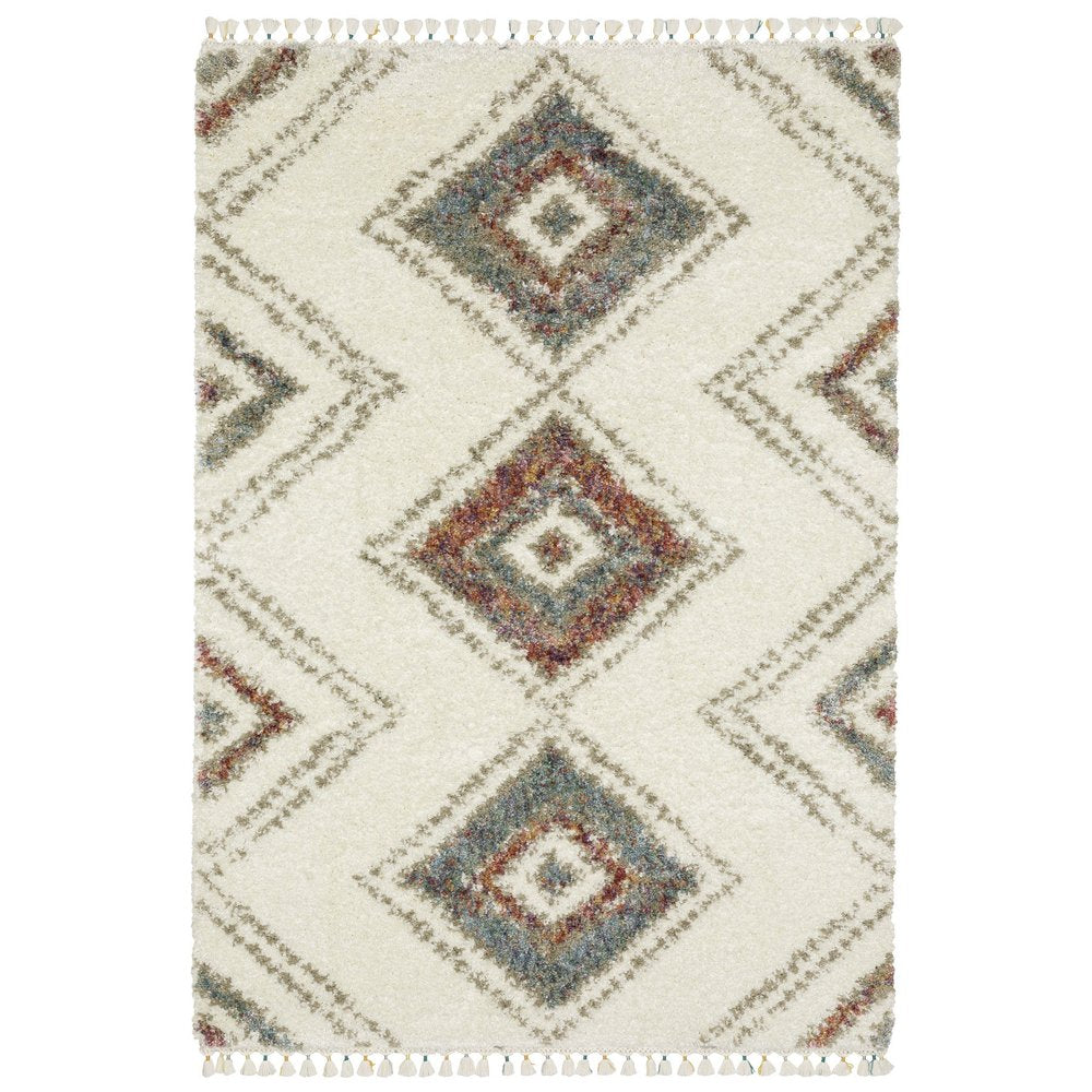 Ivory, Red, and Orange Southwestern Rug with Fringe
