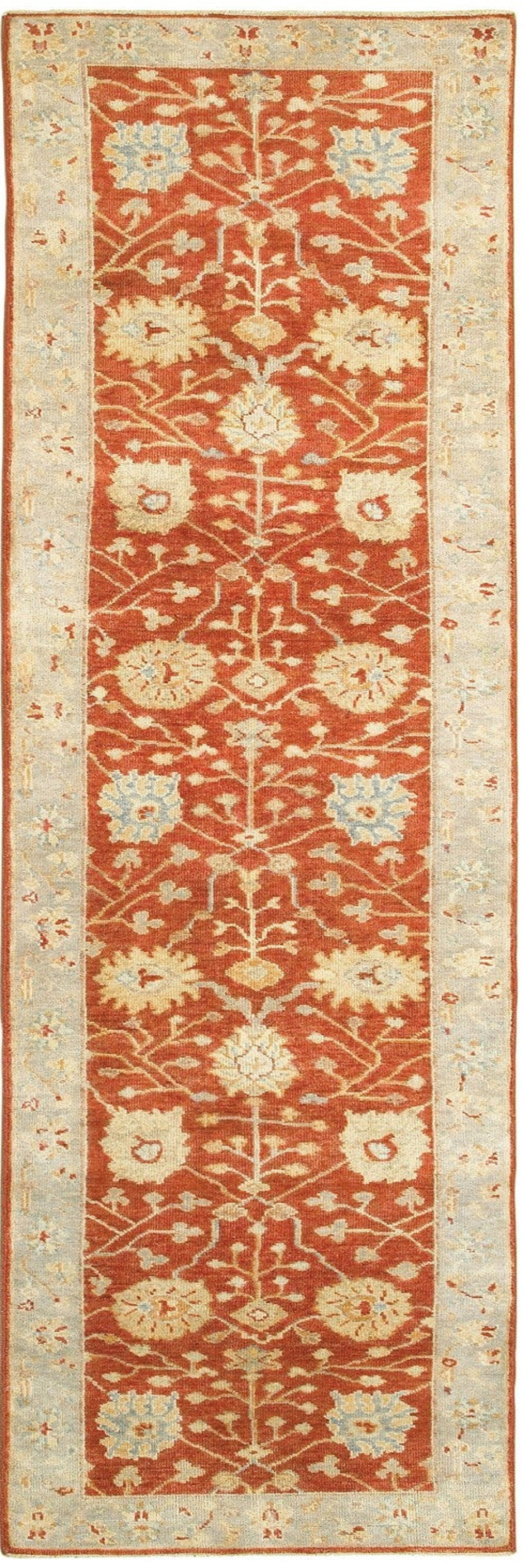 2' x 10' Red and Gray Wool Floral Oriental Hand Knotted Runner Rug