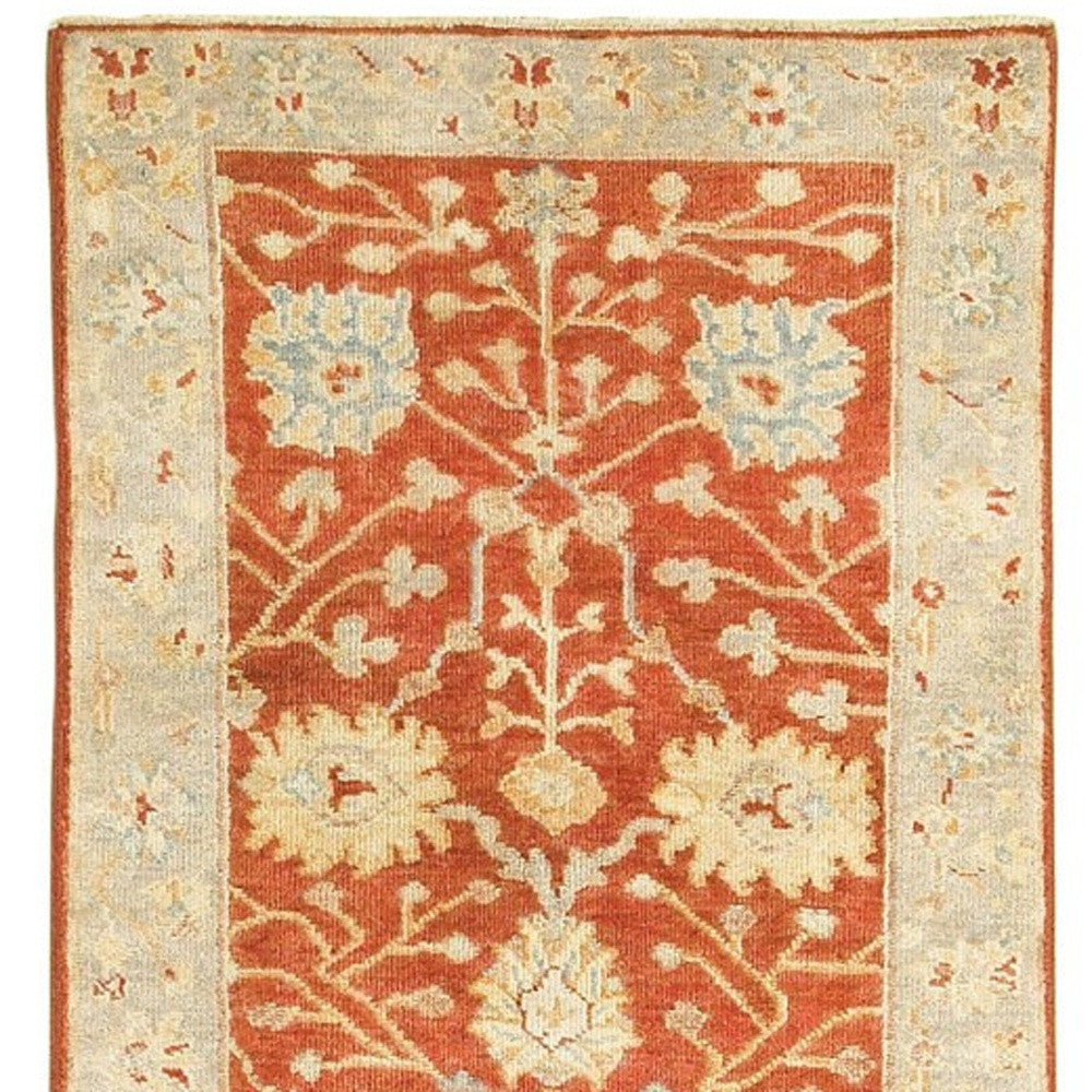 2' x 10' Red and Gray Wool Floral Oriental Hand Knotted Runner Rug