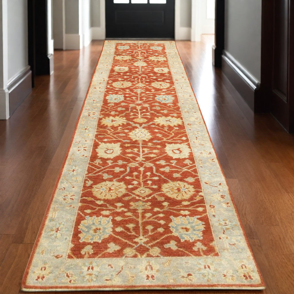 2' x 10' Red and Gray Wool Floral Oriental Hand Knotted Runner Rug