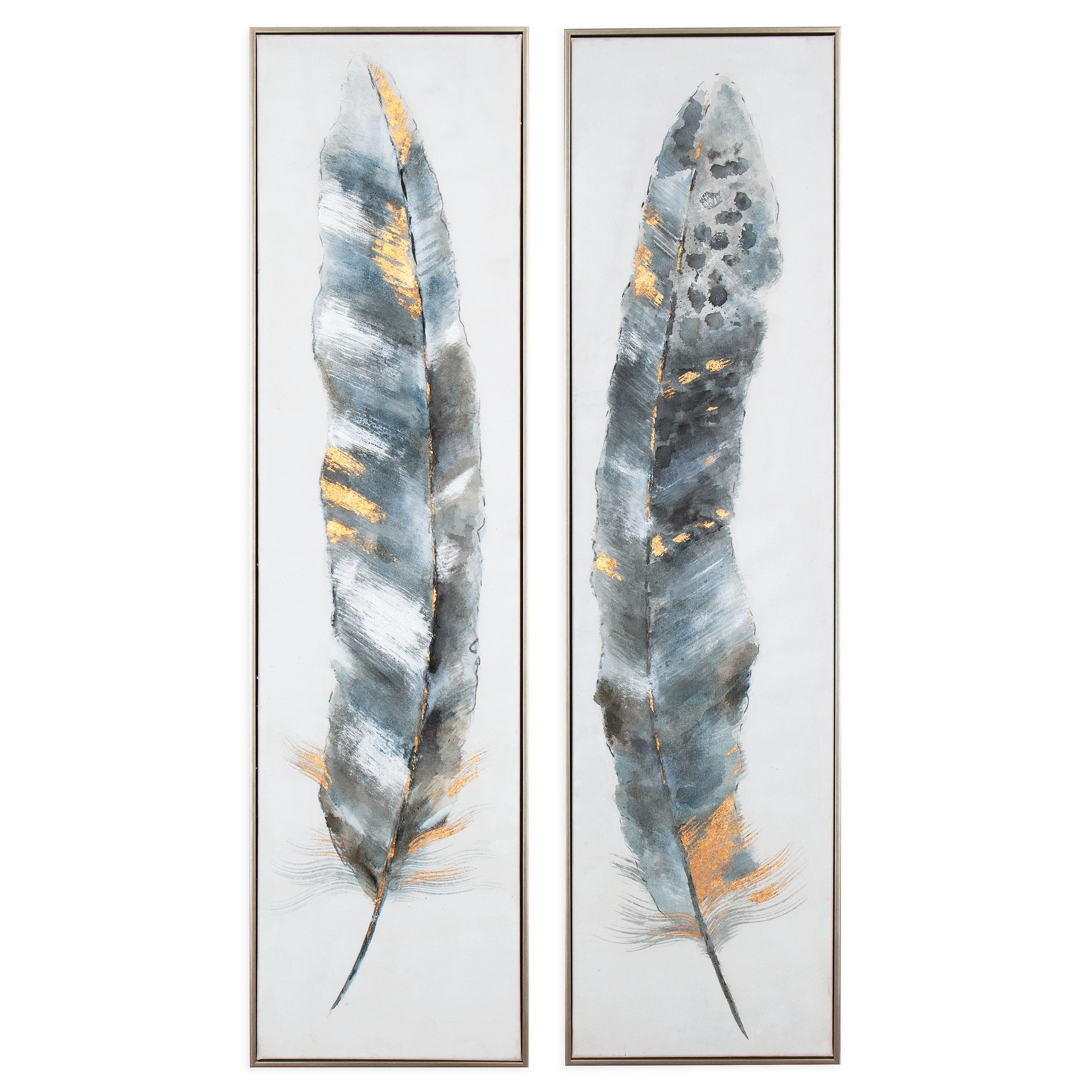 2 pc. 20" x 65" White and Blue "Feathers" Painting