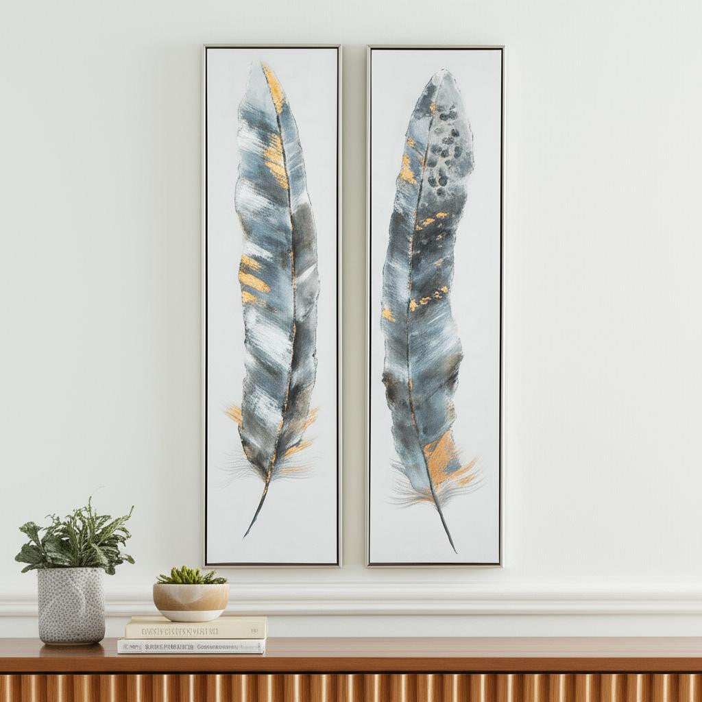 2 pc. 20" x 65" White and Blue "Feathers" Painting