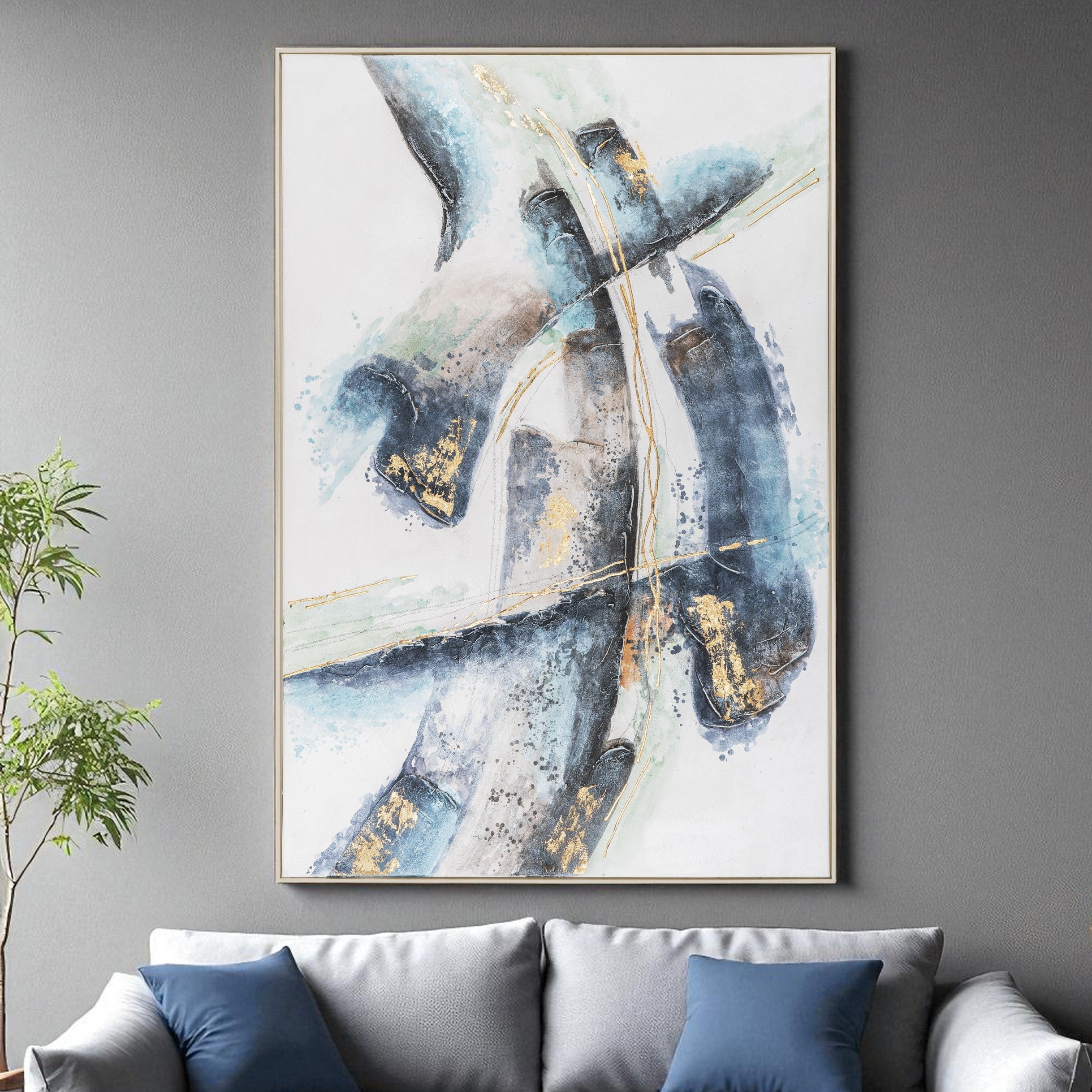 53" x 70" Blue and Green "Strokes" Painting