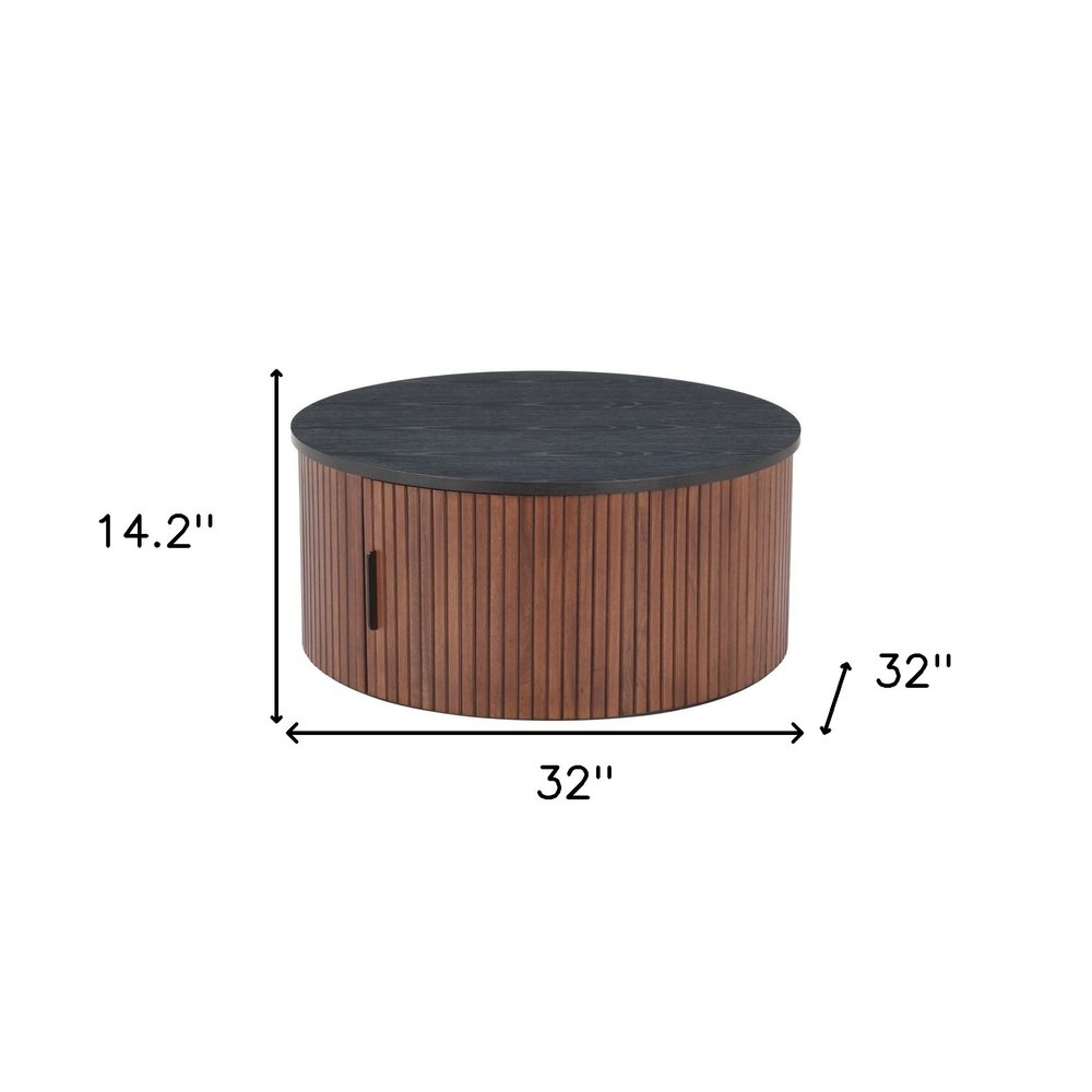 32" Black and Brown Fluted Wood Drum Coffee Table