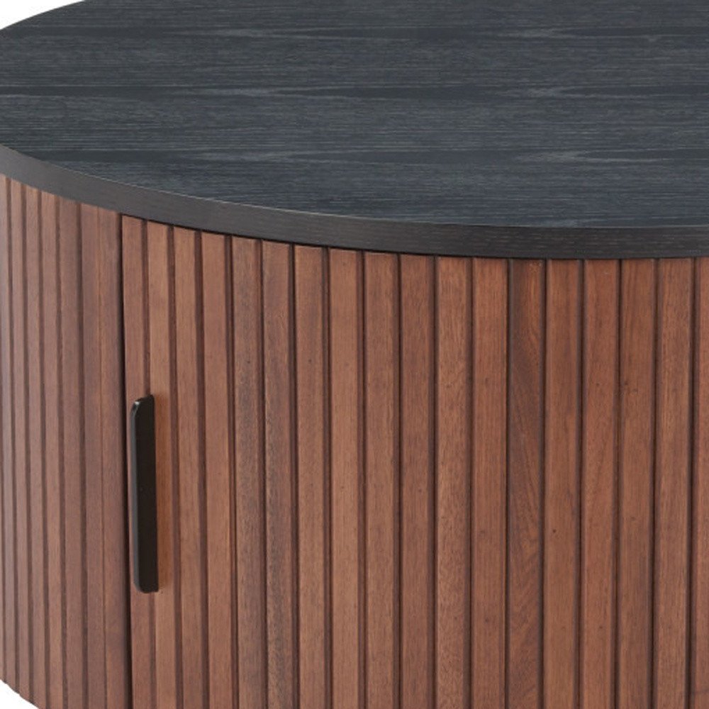 32" Black and Brown Fluted Wood Drum Coffee Table