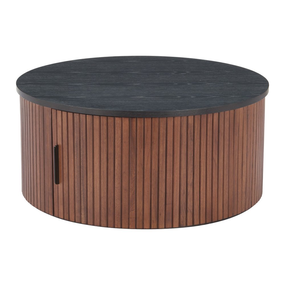 32" Black and Brown Fluted Wood Drum Coffee Table