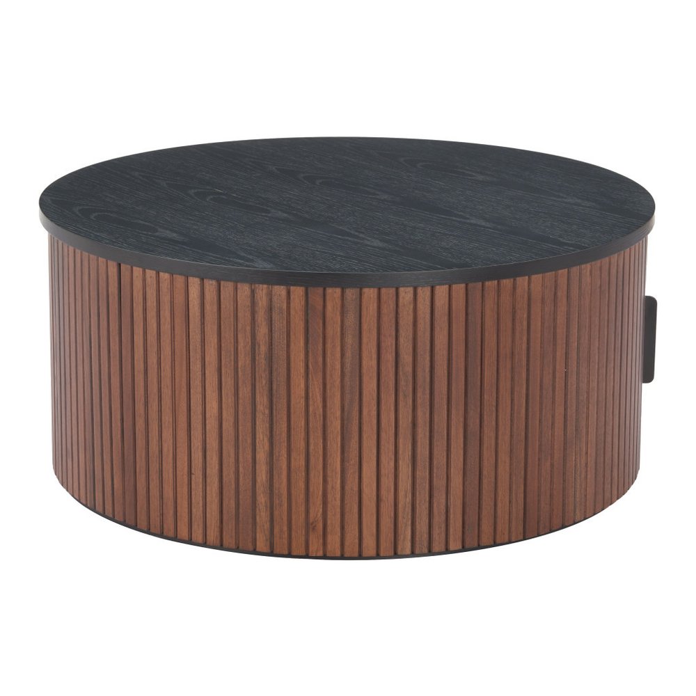 32" Black and Brown Fluted Wood Drum Coffee Table
