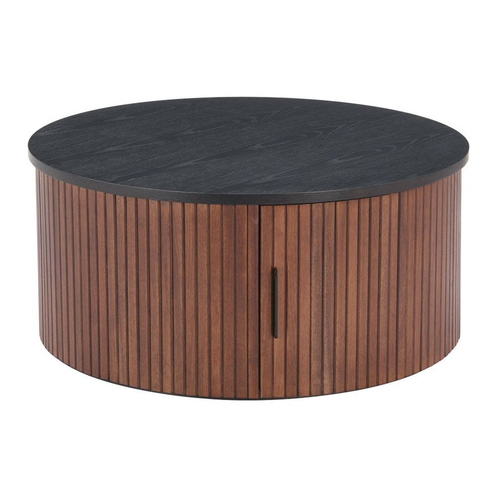 32" Black and Brown Fluted Wood Drum Coffee Table