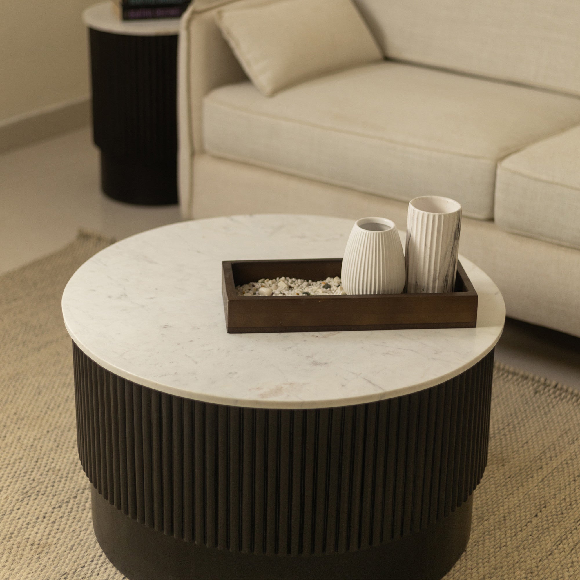 31" Brown and White Wood and Marble Round Fluted Coffee Table