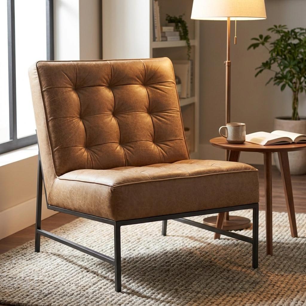 31" Cream and Black Leather Tufted Mid-Century Slipper Chair