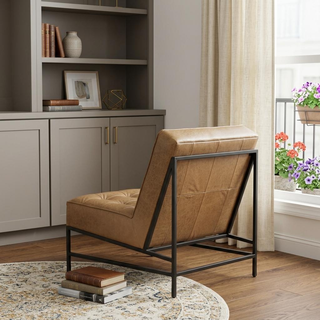 31" Cream and Black Leather Tufted Mid-Century Slipper Chair