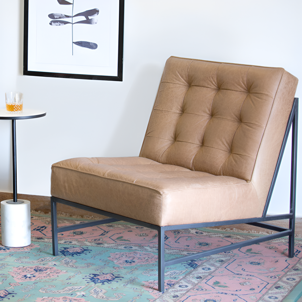 31" Cream and Black Leather Tufted Mid-Century Slipper Chair