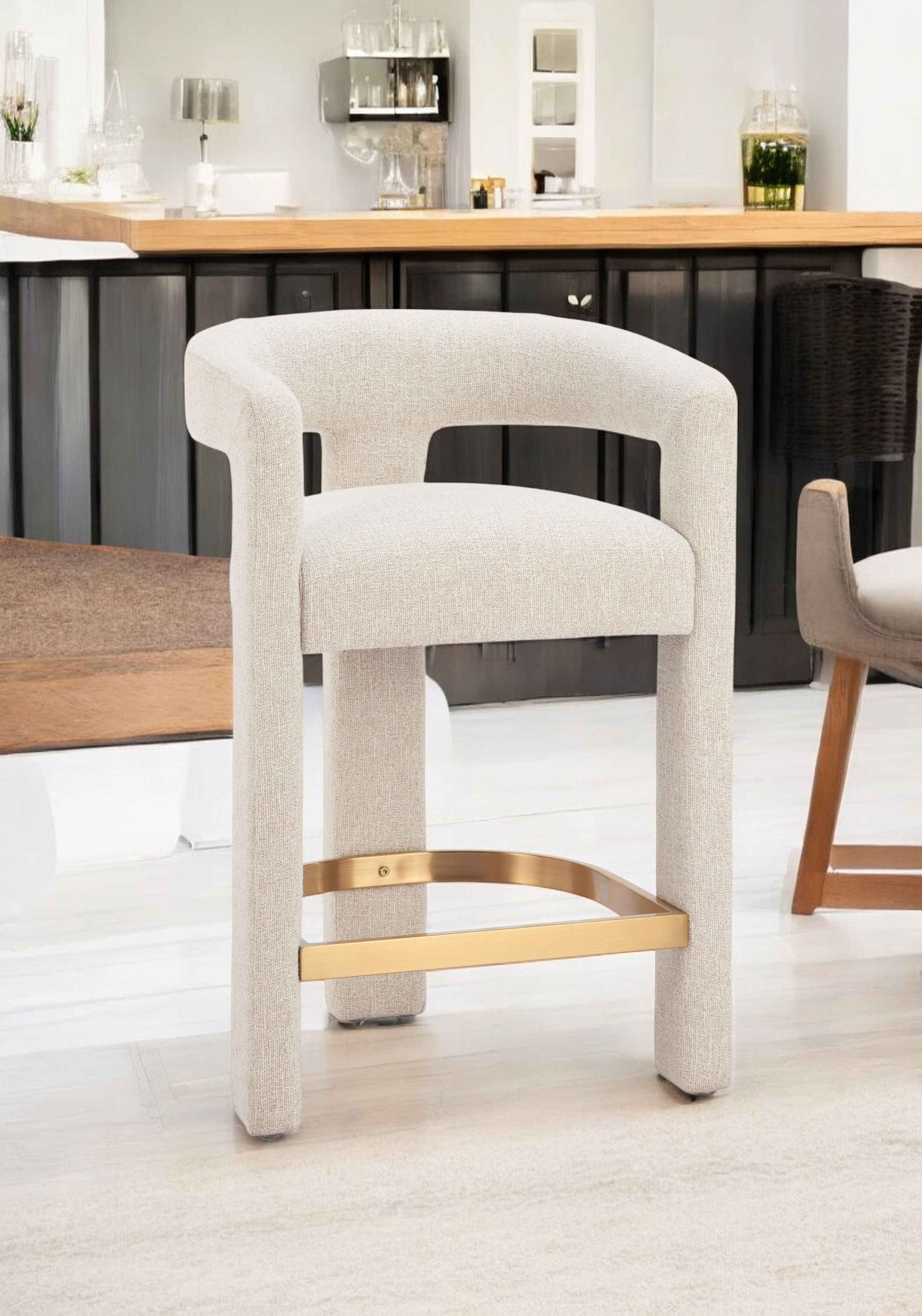 34" Beige Polyester Tri-Leg Barrel Bar Chair