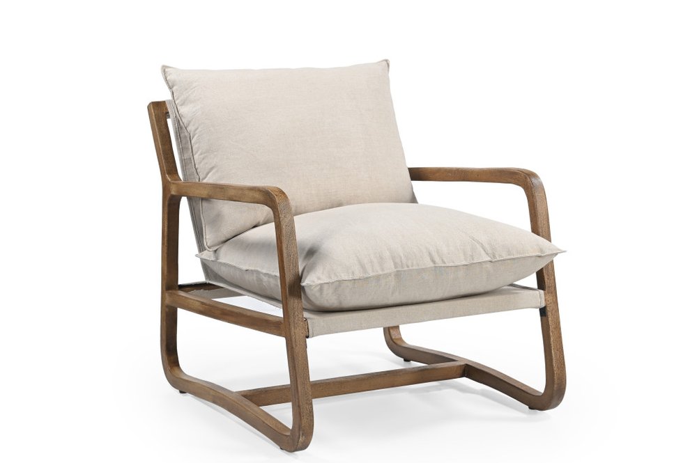 30" Beige Linen and Wood Pillow Armchair