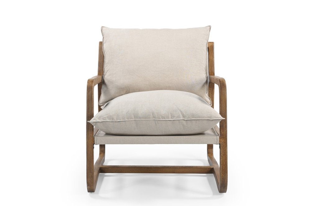 30" Beige Linen and Wood Pillow Armchair