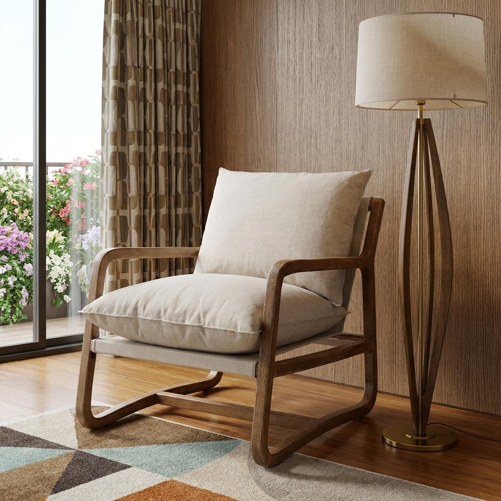 30" Beige Linen and Wood Pillow Armchair