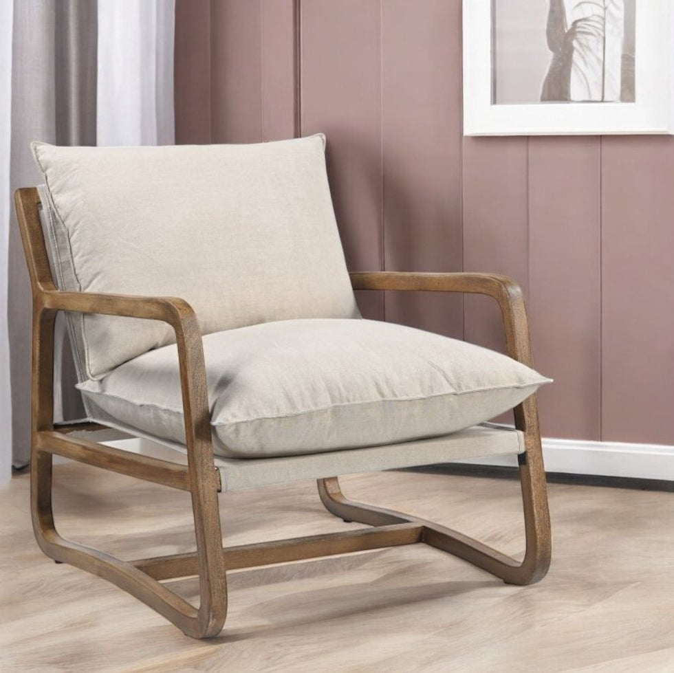 30" Beige Linen and Wood Pillow Armchair