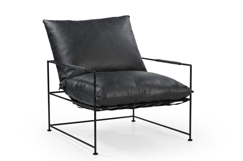 28" Black Distressed Leather Pillow Cushion Armchair