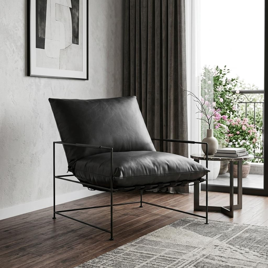 28" Black Distressed Leather Pillow Cushion Armchair