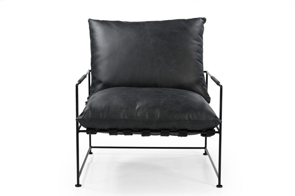 28" Black Distressed Leather Pillow Cushion Armchair