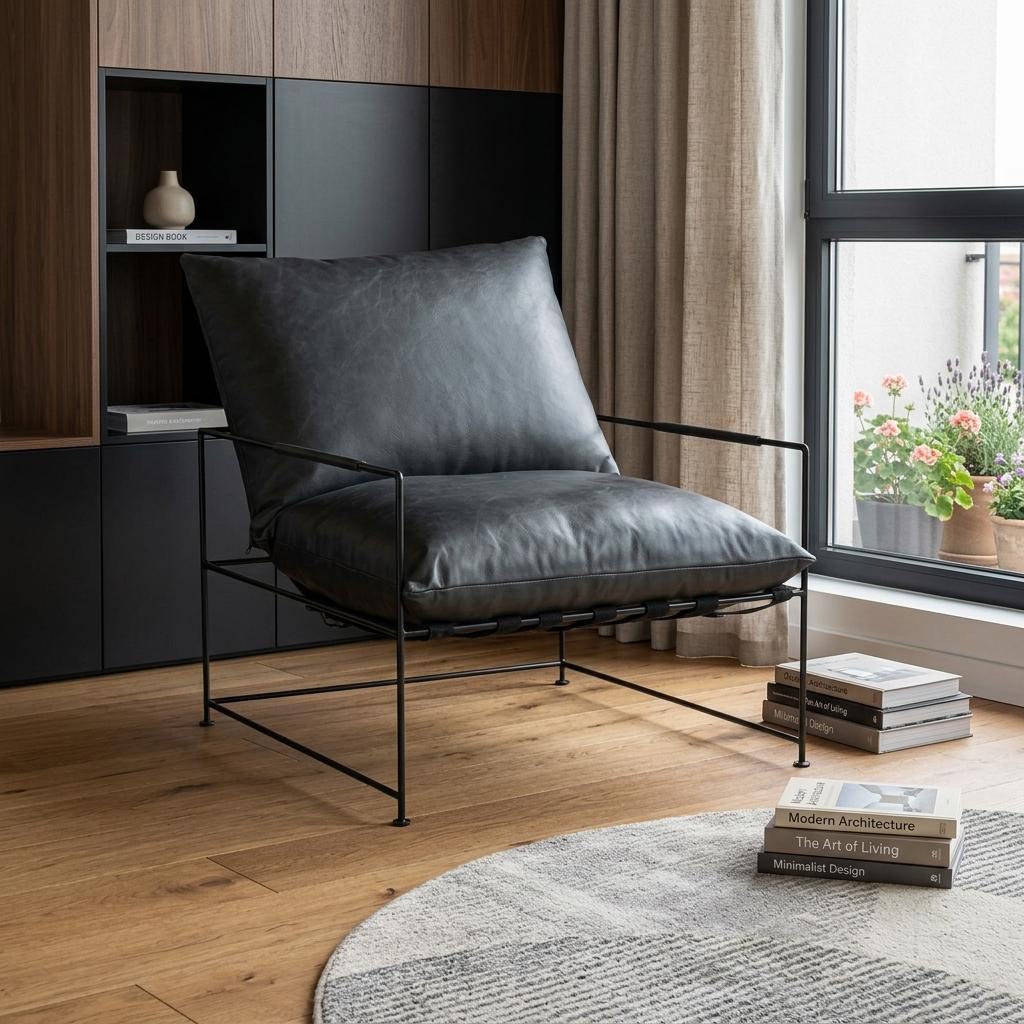 28" Black Distressed Leather Pillow Cushion Armchair