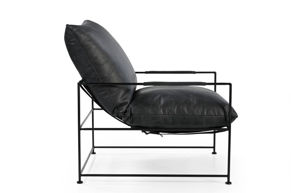 28" Black Distressed Leather Pillow Cushion Armchair