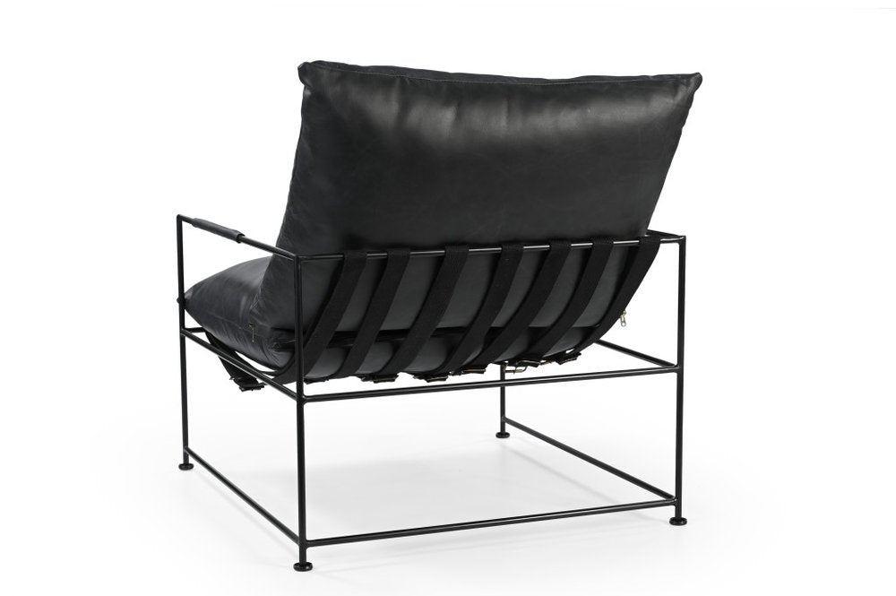 28" Black Distressed Leather Pillow Cushion Armchair