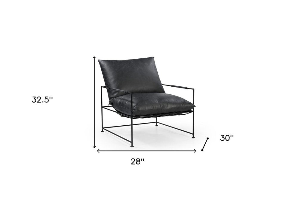 28" Black Distressed Leather Pillow Cushion Armchair