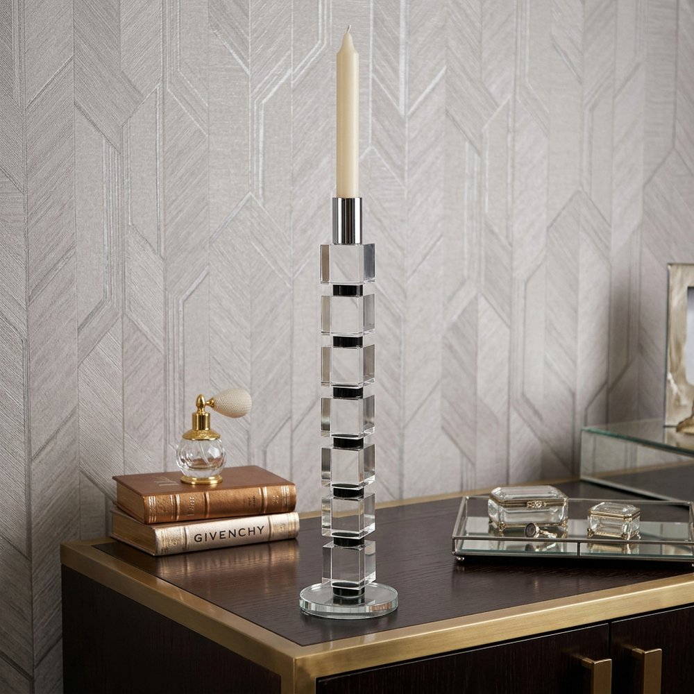 15" Silver and Clear Crystal Taper Candle Holder