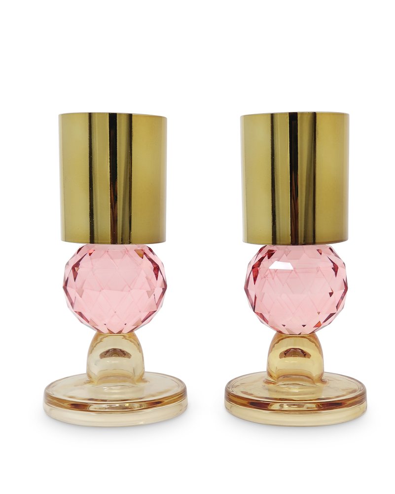 Set of Two 7" Amber, Gold, and Pink Crystal Taper Candle Holder