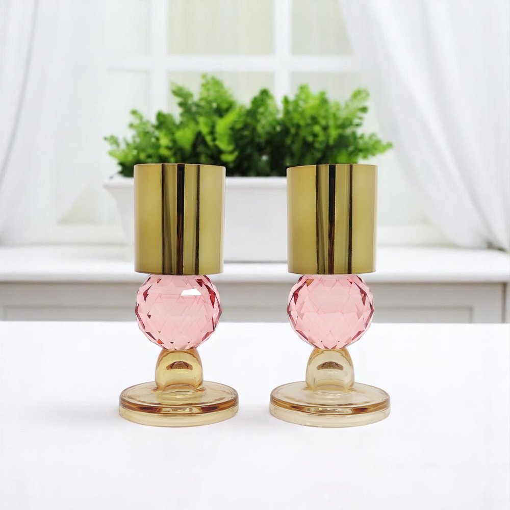 Set of Two 7" Amber, Gold, and Pink Crystal Taper Candle Holder