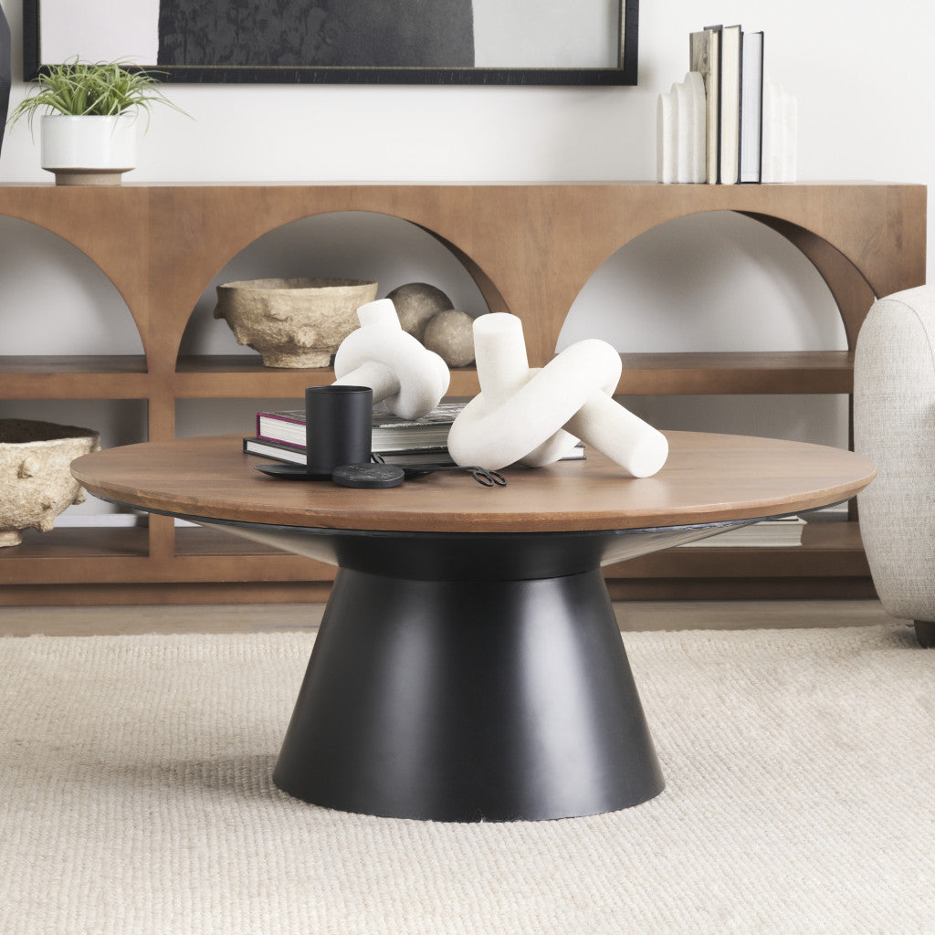 40" Brown and Black Wood Round Pedestal Coffee Table