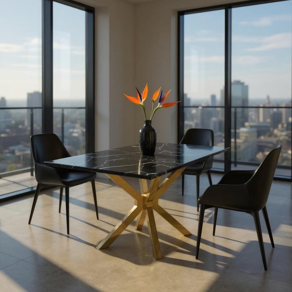 79" Gold and Black Marble Cross Leg Dining Table