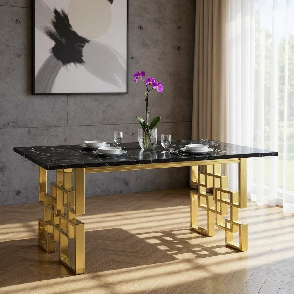 79" Gold and Black Marble Trellis Dining Table