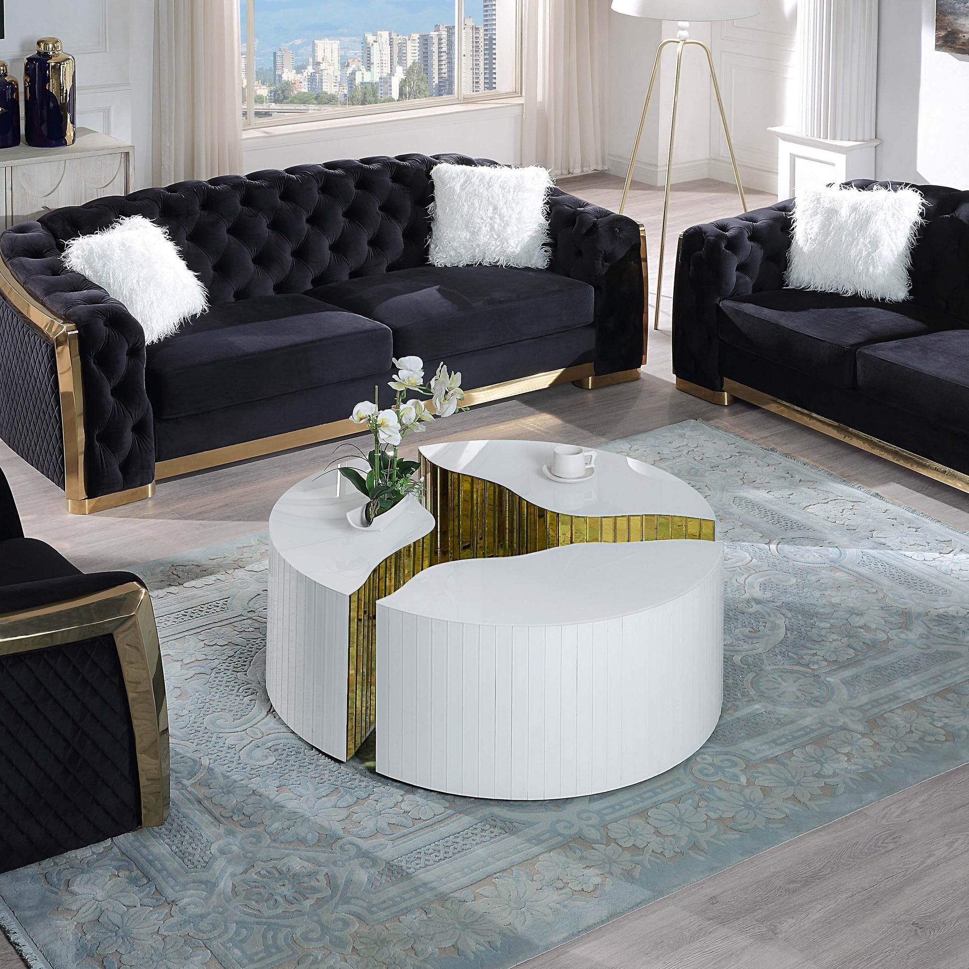 40" White and Gold Wood and Glass Tri-Piece Crack Coffee Table