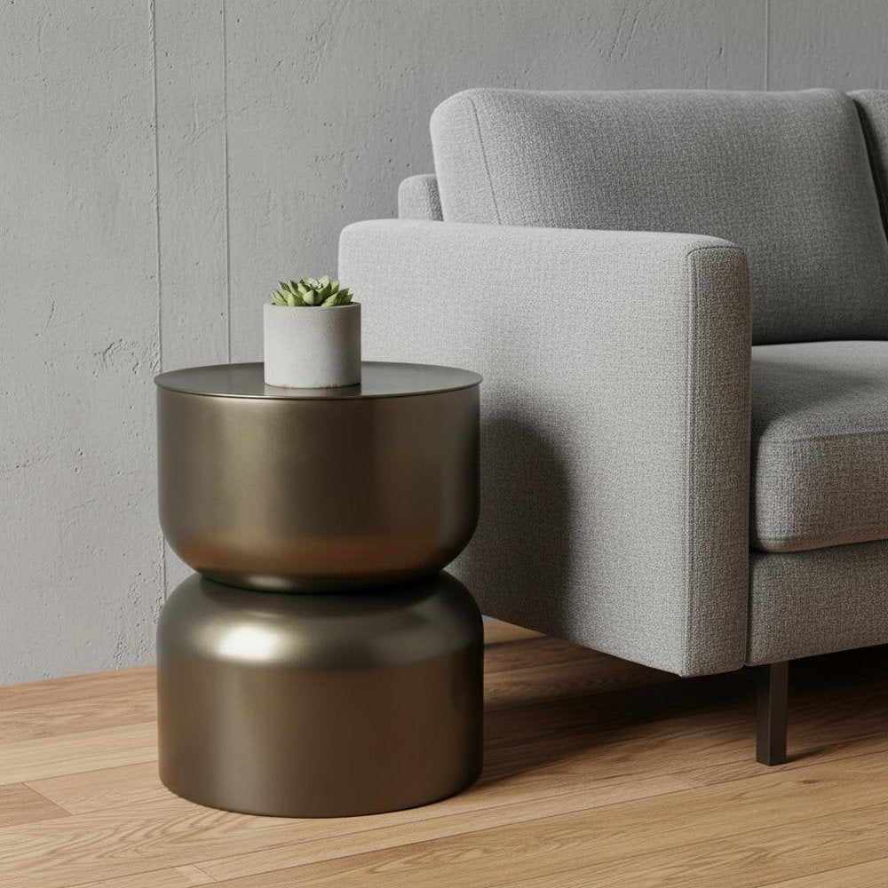 20" Antiqued Gold Iron Drum End Table