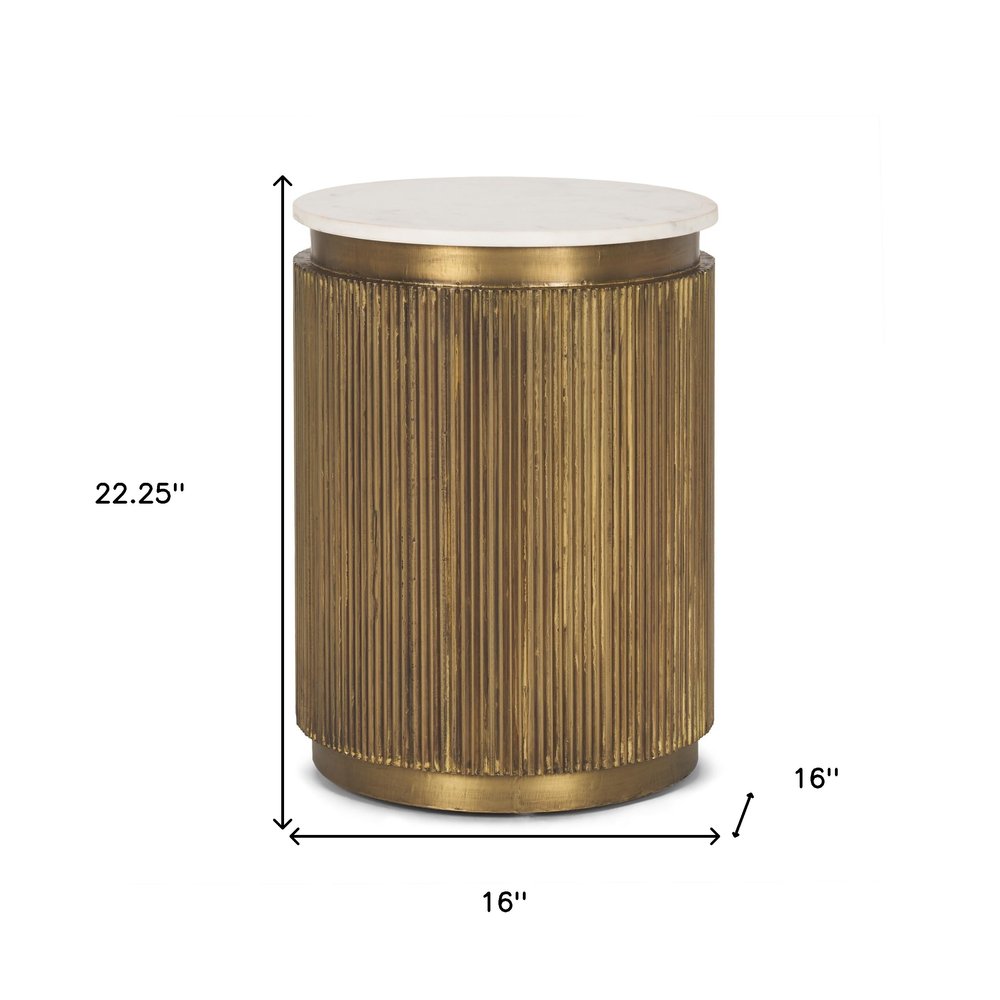 22" Gold and White Metal and Stone Fluted Pedestal Table