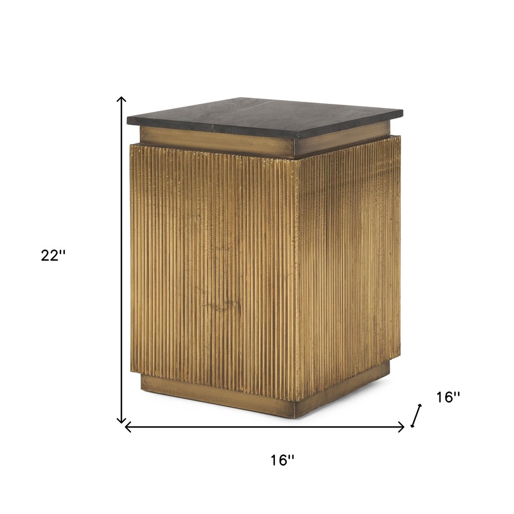 22" Gold and Black Metal and Stone Square Side Table