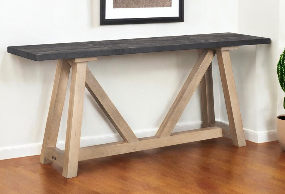 70" Black and Brown Wood Trestle Console Table