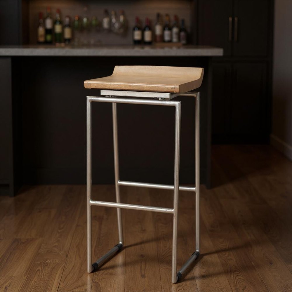 32" Natural Wood Curved Backless Bar Chair