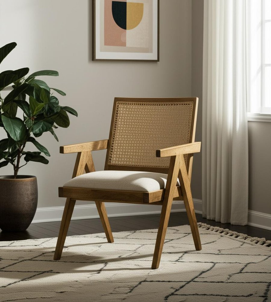 22" Beige and Rattan Coastal Armchair