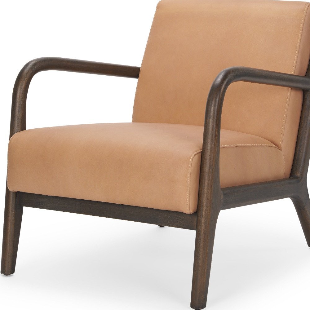 26" Tan and Dark Brown Leather and Wood Armchair