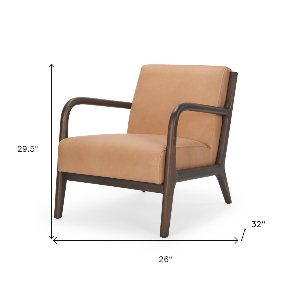 26" Tan and Dark Brown Leather and Wood Armchair