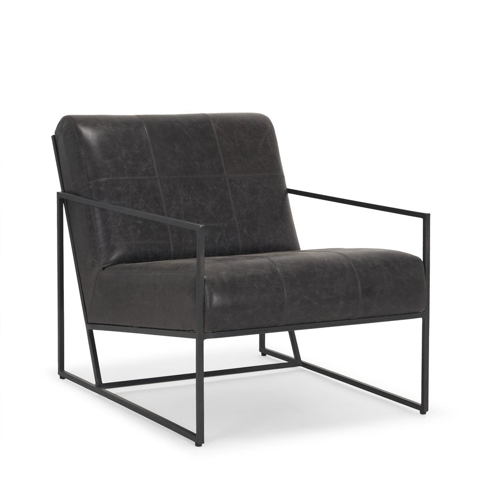 37" Black Genuine Leather and Metal Lounge Chair